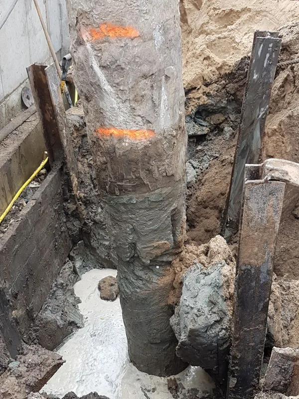Dotajam pālim tika atklāts defekts (sašaurinājums) apmēram 2.5 m dziļumā no pāļa galvas.
